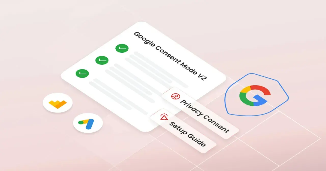 Google Consent Mode v2: un foglio con spunte verdi, icone di Google Ads e un logo Google protetto da uno scudo.