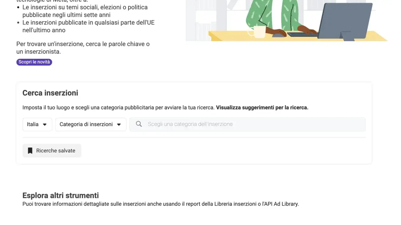 Interfaccia della Libreria inserzioni di Meta per cercare annunci pubblicitari.