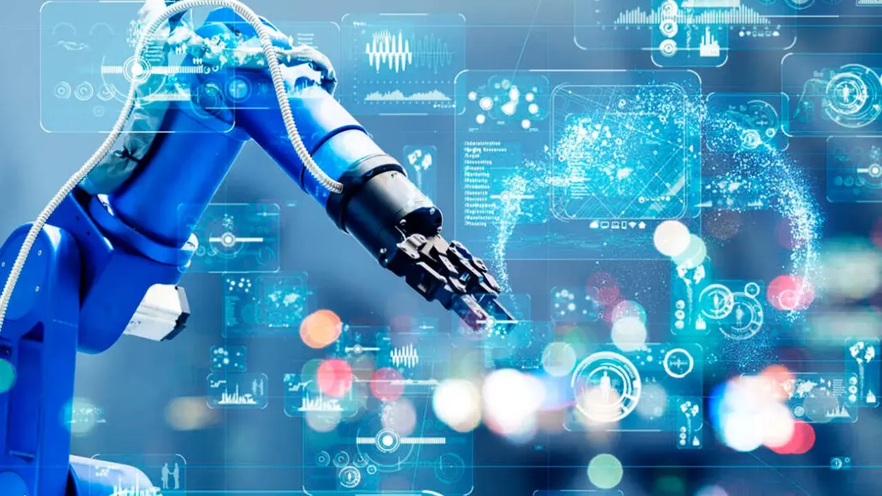 Braccio robotico blu interagisce con interfacce digitali futuristiche, simboleggiando il piano transizione 4.0 e l'automazione industriale.
