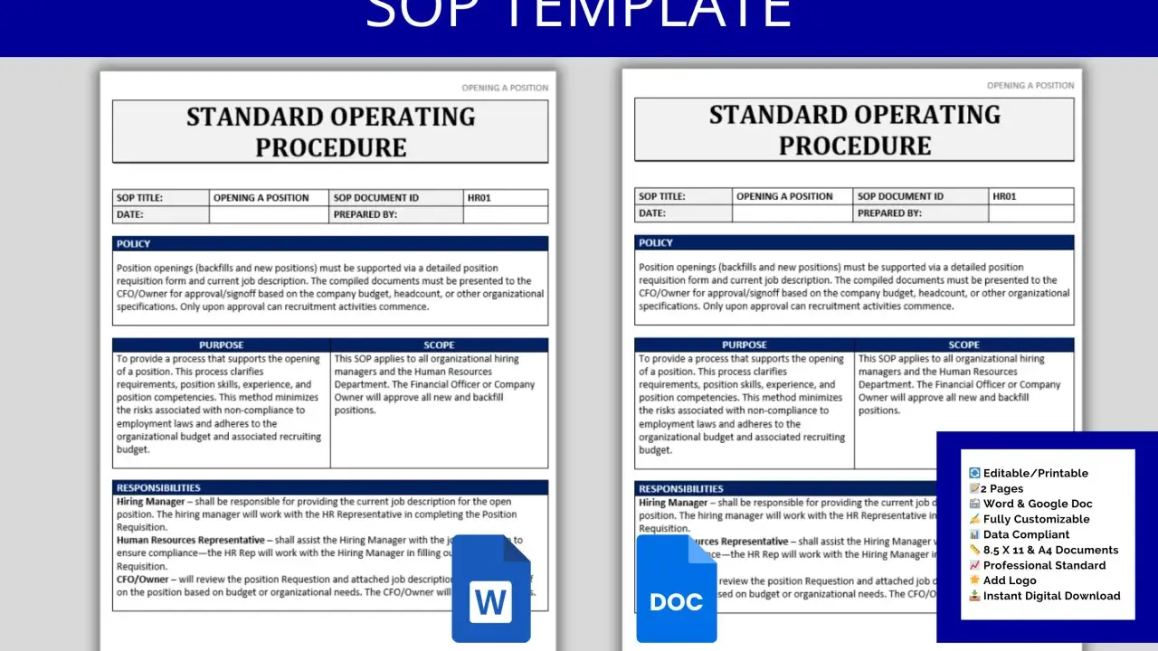 Modello di procedura operativa standard (SOP) per l'apertura di una posizione, con dettagli su policy, scopo e responsabilità.