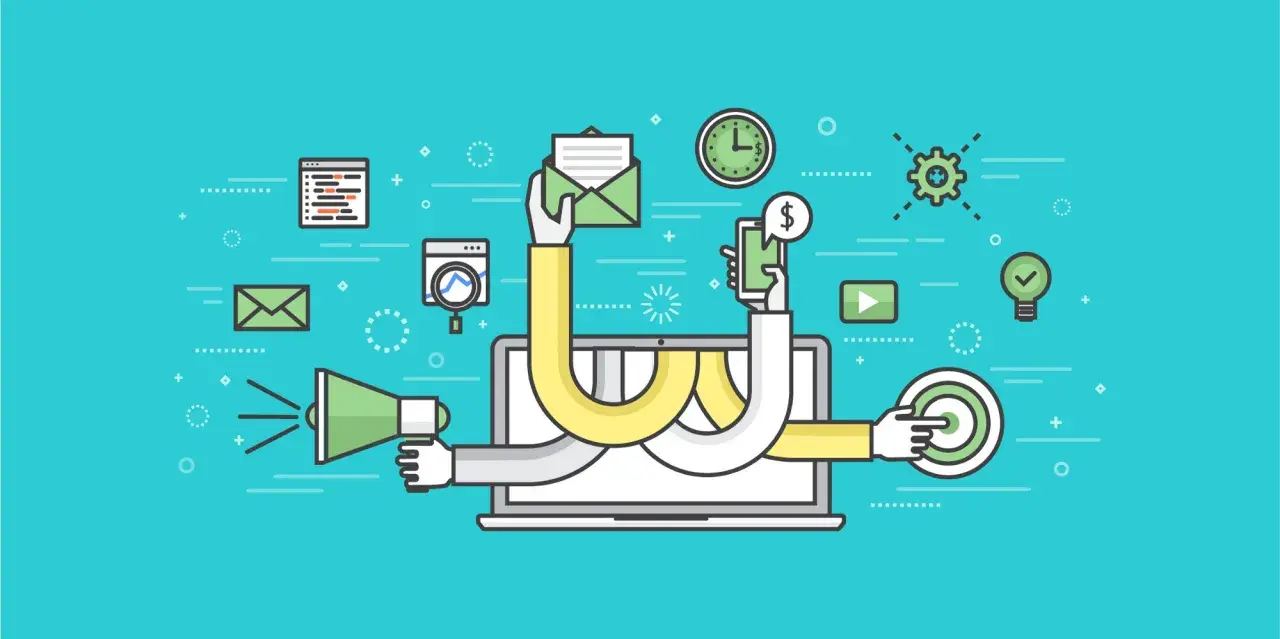 Mani che lavorano su un laptop, con icone di marketing, email, denaro e obiettivi. Strategie di successo per il b2b e b2c.