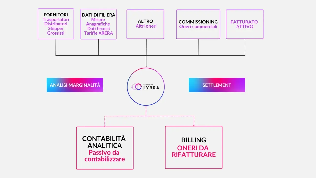Diagramma di flusso che illustra i processi di contabilità fornitori, dall'analisi dei dati alla fatturazione e al settlement.