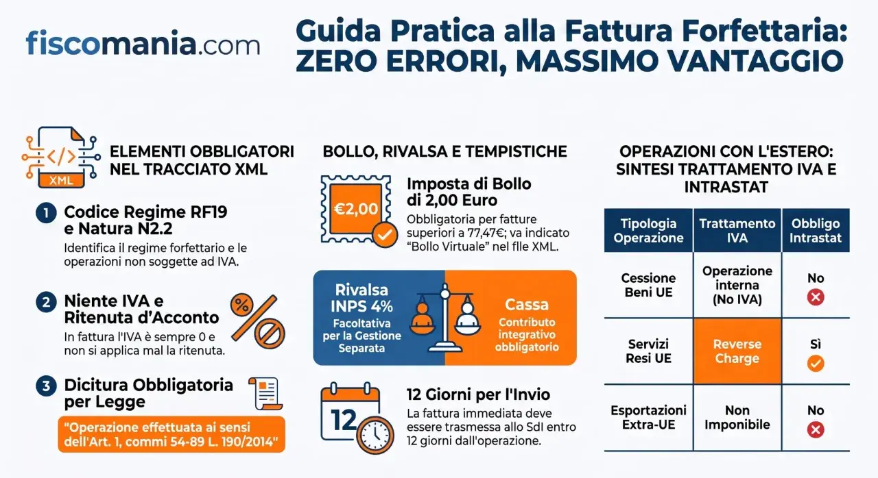 Guida pratica per l'obbligo fattura elettronica forfettari: elementi XML, imposta di bollo, gestione estero e tempistiche.