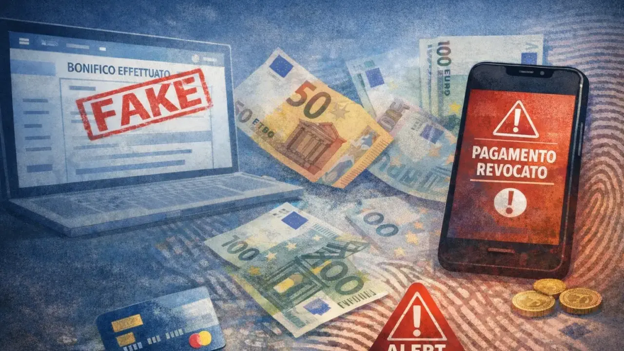 Laptop con "BONIFICO EFFETTUATO" e timbro "FAKE". Denaro, carta di credito e smartphone con "PAGAMENTO REVOCATO" indicano una truffa, un bonifico falso.