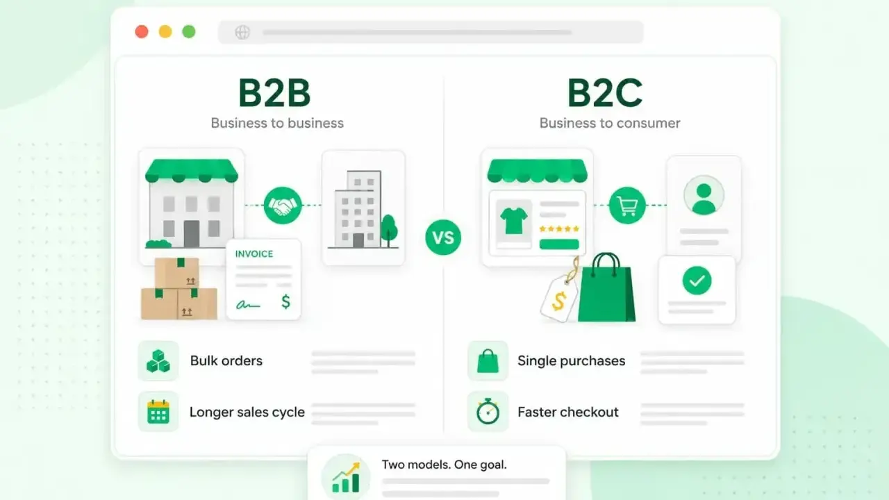 B2B cosa significa? Confronto tra modelli di business: B2B (Business to Business) con ordini in blocco e ciclo di vendita lungo, vs B2C (Business to Consumer) con acquisti singoli e checkout rapido.