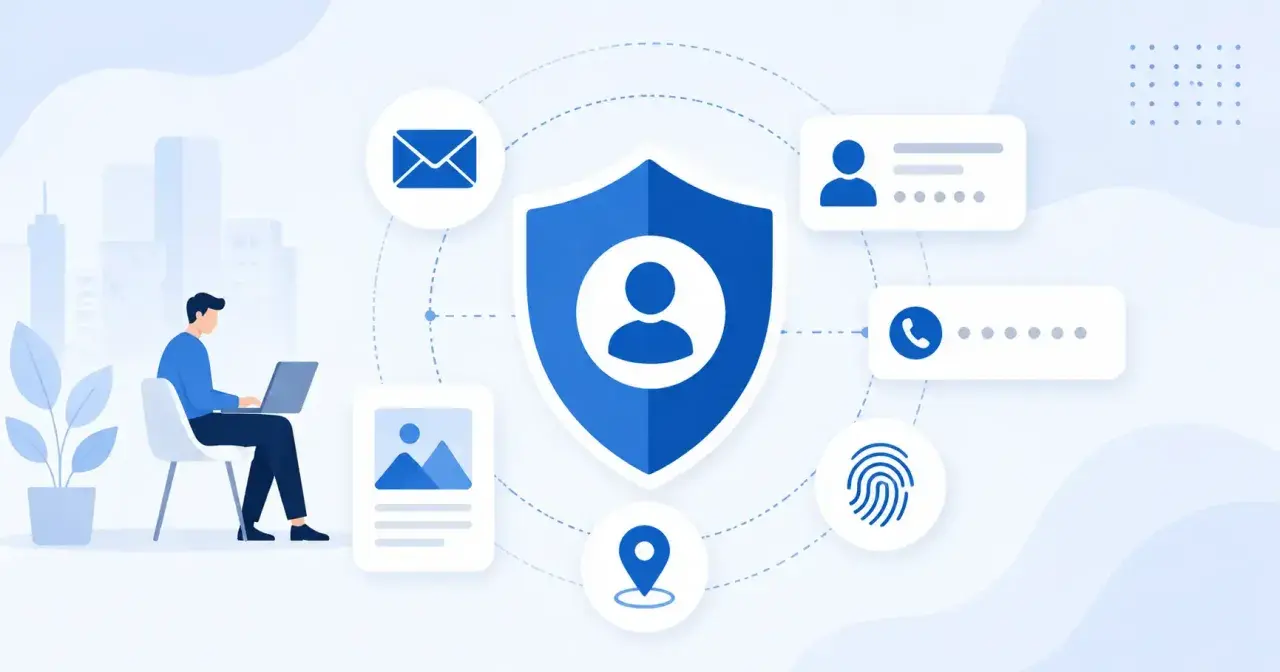 Un uomo al computer protegge i suoi dati particolari: email, foto, posizione, impronta digitale, contatti e profilo.