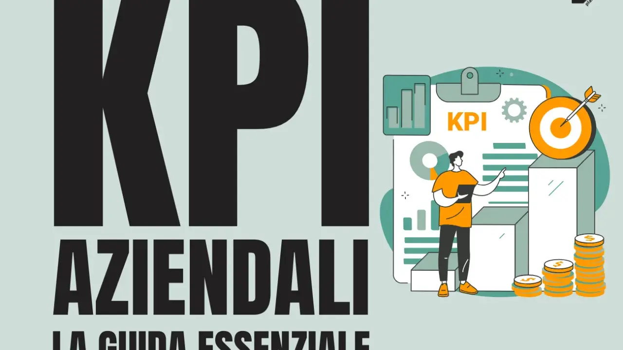 Grafica con la scritta "KPI Aziendali: La Guida Essenziale". Un uomo analizza grafici e dati, con un bersaglio che simboleggia il raggiungimento degli obiettivi.