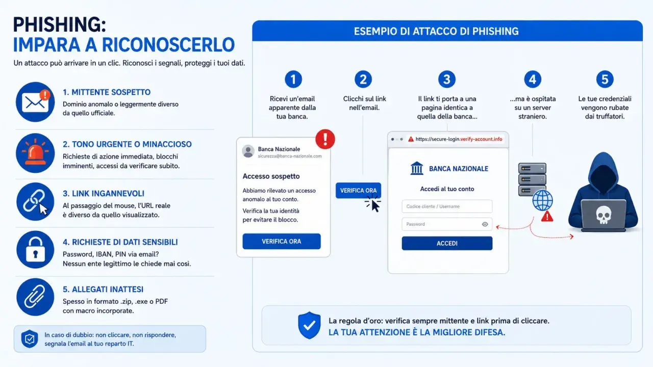 Guida al riconoscimento delle tipologie di frodi: mittente sospetto, tono urgente, link ingannevoli, richieste dati sensibili e allegati inattesi.