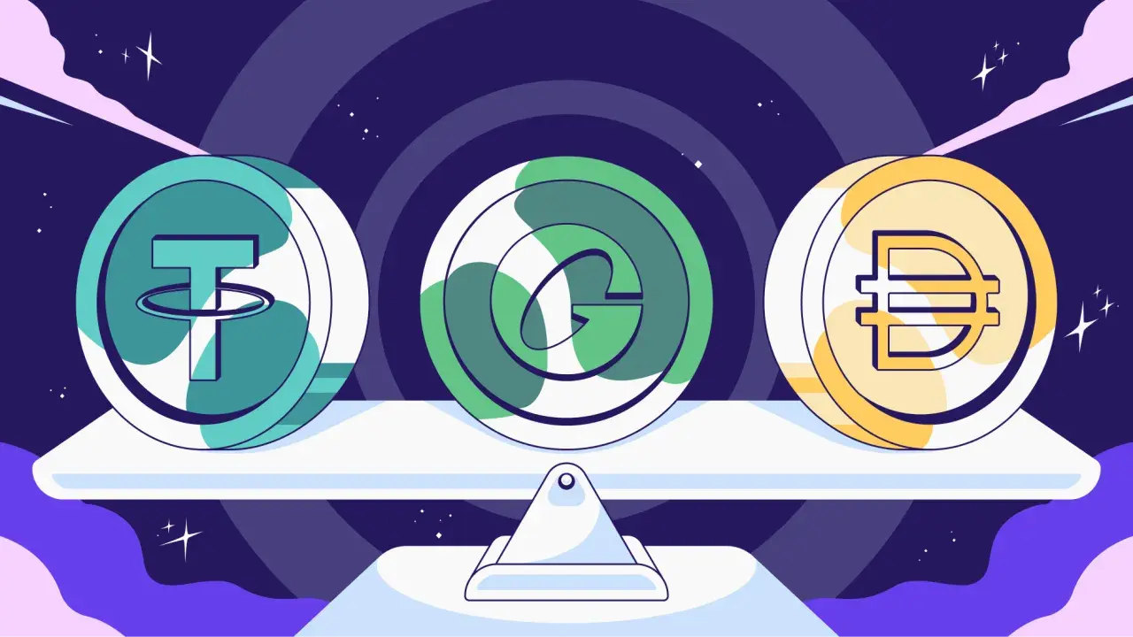 Bilancia con tre monete digitali: Tether, Gemini Dollar e DAI. Capire cosa sono gli stablecoin è fondamentale per navigare nel mondo crypto.