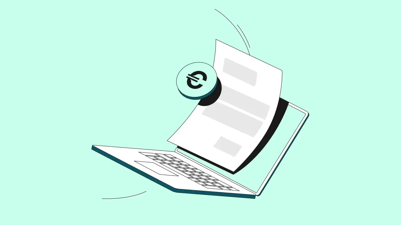 Un laptop aperto con un foglio e un simbolo dell'euro, che illustra il fattura differita significato.