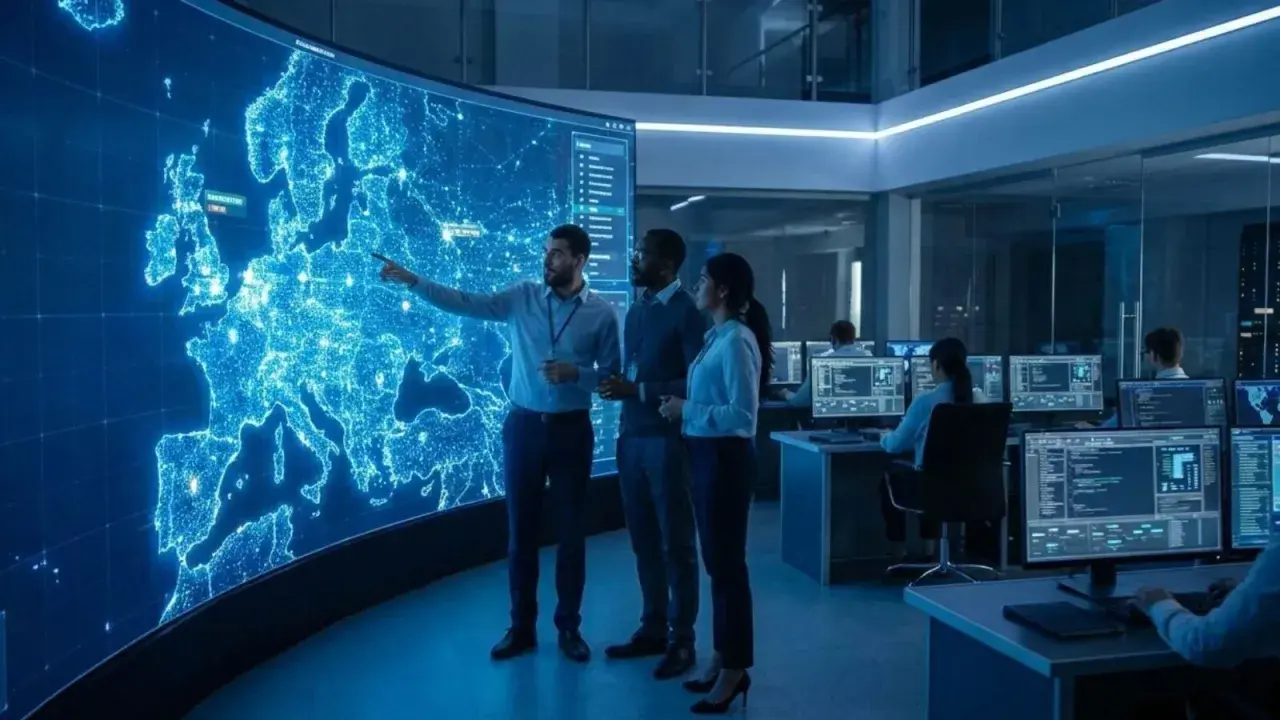 Team analizza mappa Europa luminosa su schermo gigante. Usando il cloud computing sappiamo dove risiedono i dati, monitorando flussi globali.