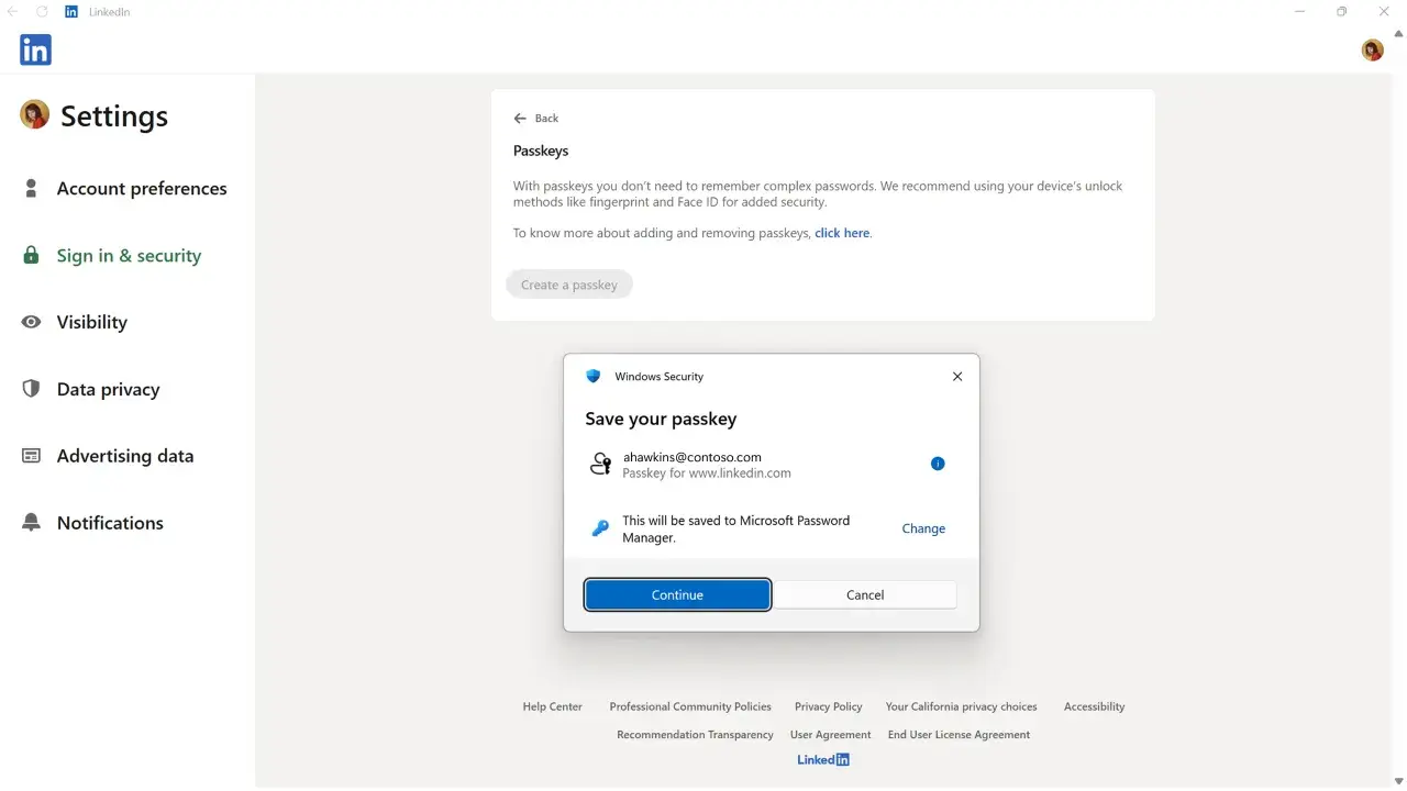Configurazione di LinkedIn: creazione di un passkey Microsoft per un accesso più sicuro.