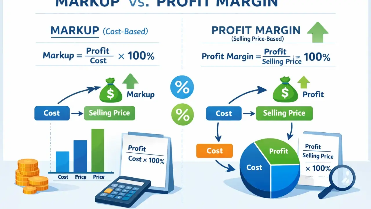 Diagramma che confronta Markup e Profit Margin, mostrando come calcolare il **utile netto su fatturato** e il markup basato sul costo.