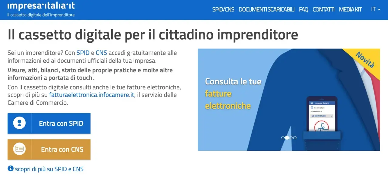Il cassetto fiscale dell'imprenditore digitale offre accesso a visure, atti, bilanci e fatture elettroniche tramite SPID o CNS.