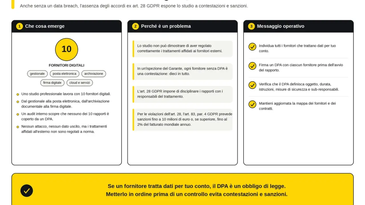 Studio con 10 fornitori digitali senza accordi ex art. 28 GDPR. Il **data processing agreement** (DPA) è un obbligo per evitare sanzioni.
