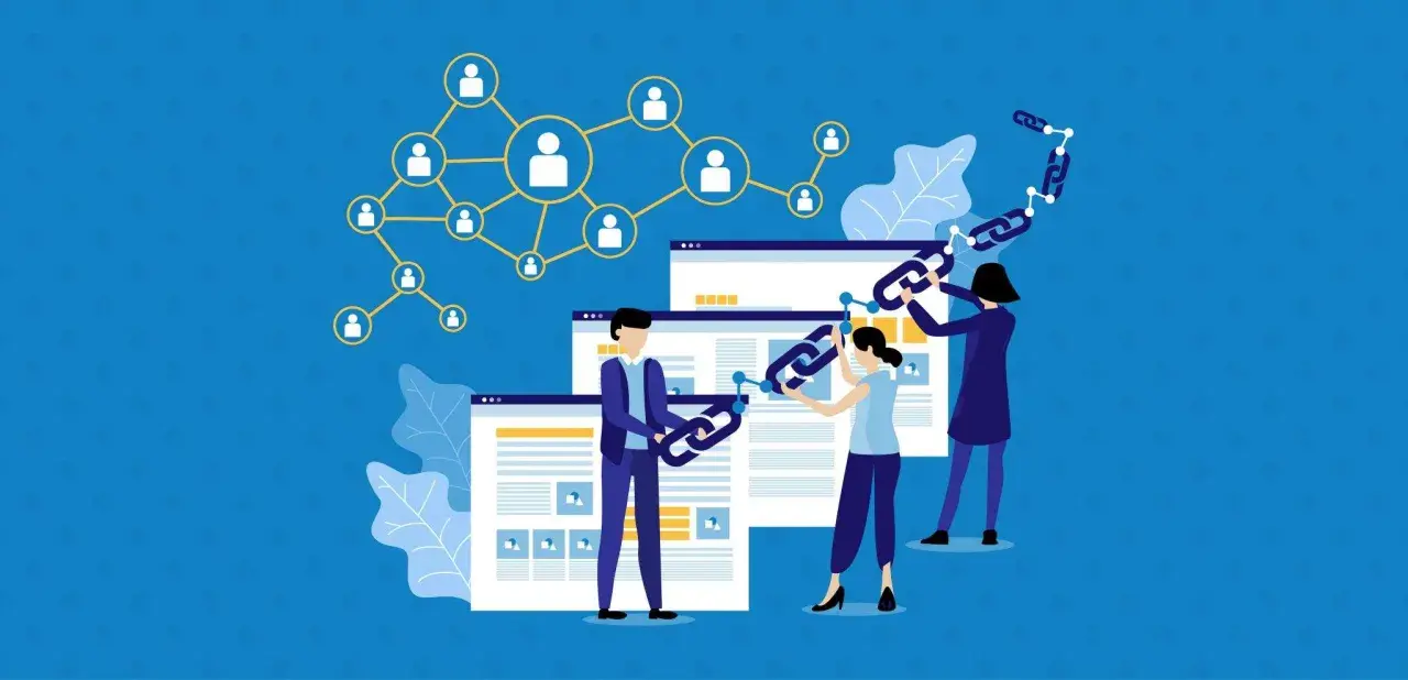 Persone creano collegamenti tra siti web, illustrando il link building significato per la crescita online.