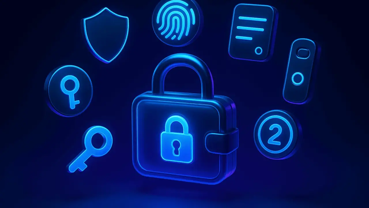 Icone di sicurezza digitale: lucchetto, chiave, impronta digitale, scudo, documento e numero 2. Attenzione ai criptovalute: rischi.
