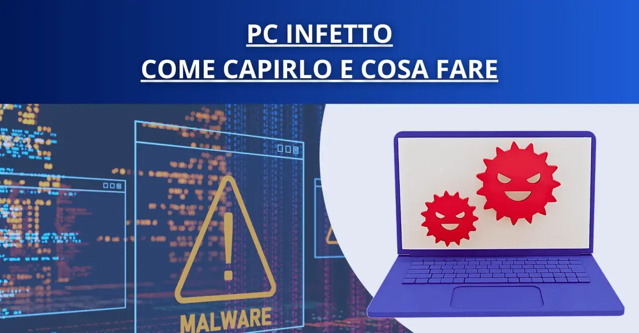Un laptop viola mostra due icone rosse di virus, simbolo di un dispositivo informatico colpito da malware. Sullo sfondo, codice binario e un avviso di malware.