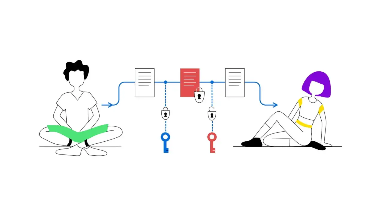 Un uomo e una donna scambiano dati sicuri tramite blockchain. Un keychain Android potrebbe gestire le chiavi.