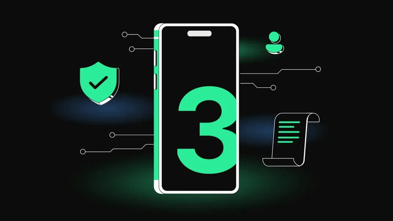 Smartphone con il numero 3, scudo di sicurezza, icona utente e documento. Simboli di un futuro web 3.