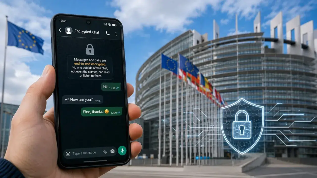 Smartphone con chat crittografata davanti al Parlamento Europeo. La sicurezza delle comunicazioni nell'UE è fondamentale.