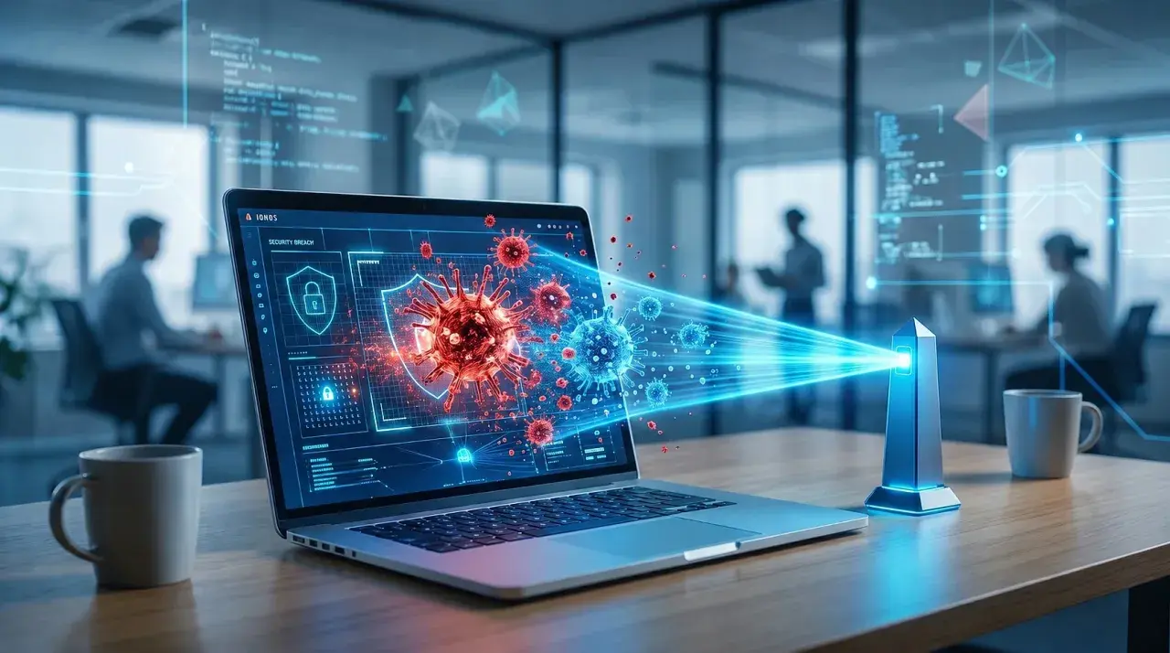 Schermo di un laptop mostra un'interfaccia di sicurezza con virus digitali. Un fascio di luce blu colpisce i virus, simboleggiando la protezione. Capire cos'è un rootkit è fondamentale per la cybersecurity.
