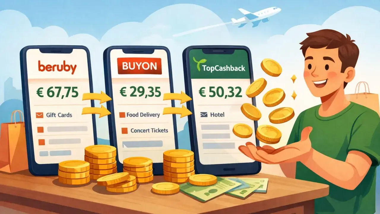 Un ragazzo felice riceve monete d'oro da app di cashback. Scopri cos'è il cashback e come funziona per risparmiare su gift cards, cibo e hotel.