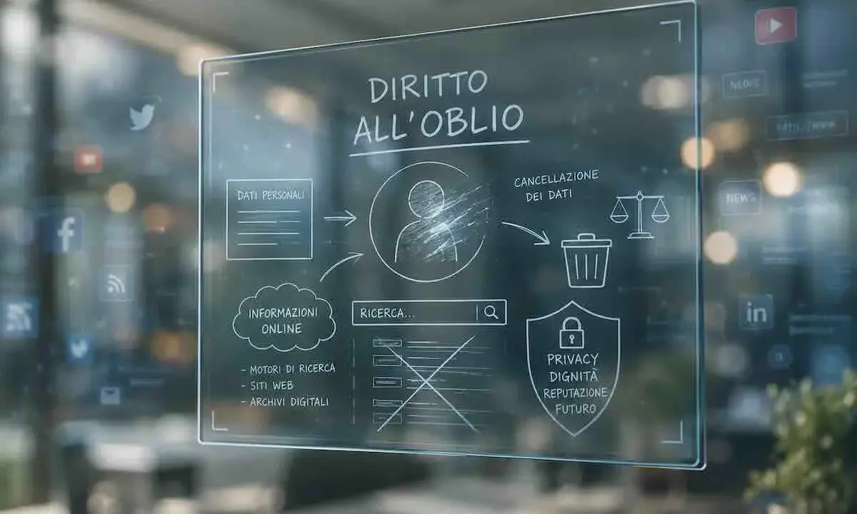 Schema sul diritto all'oblio: dati personali, informazioni online, ricerca, cancellazione dati, privacy, dignità, reputazione e futuro.