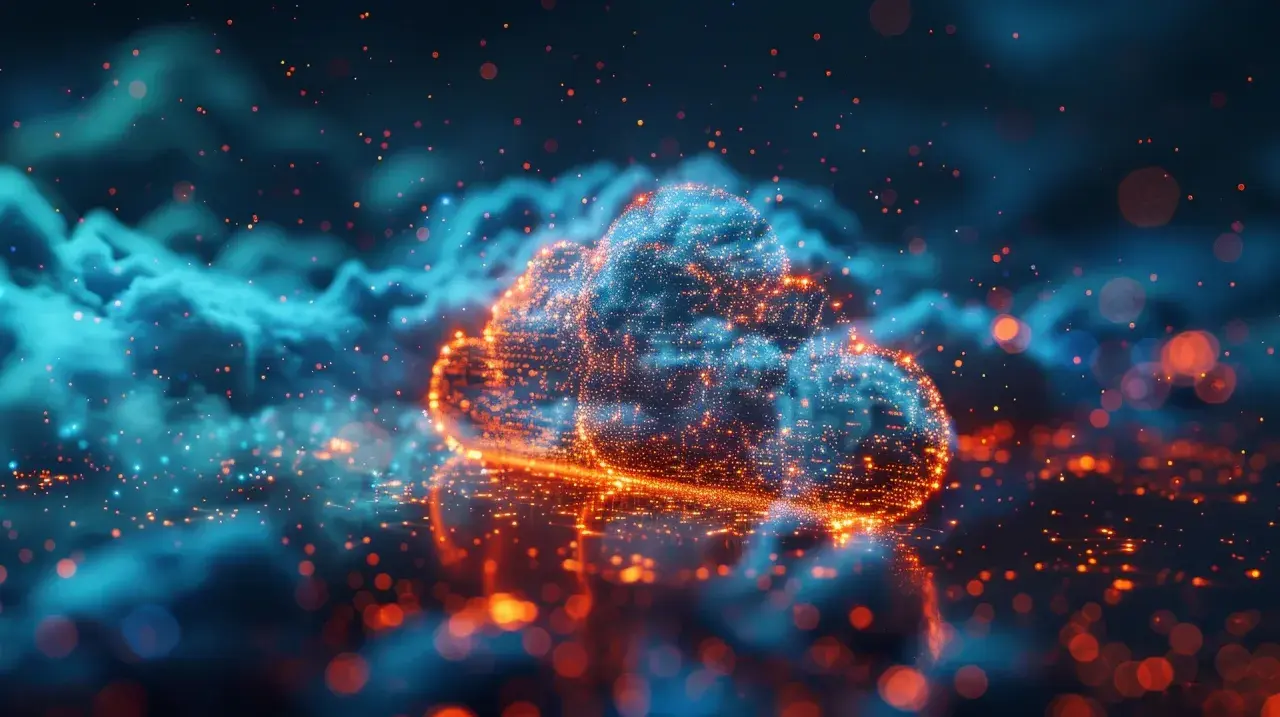Nuvola digitale luminosa, simbolo di cloud computing e dei suoi rischi. Particelle arancioni e blu fluttuano in un'atmosfera eterea.
