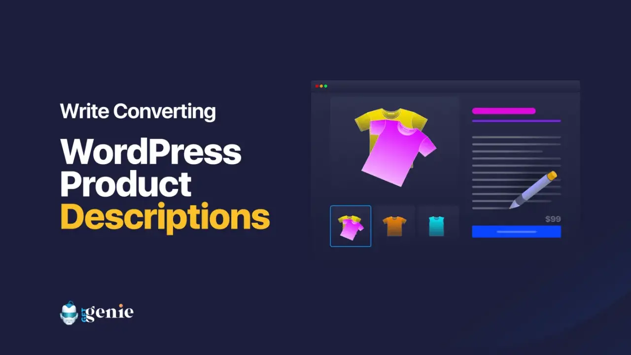 Descrizione prodotto: T-shirt colorate in un'interfaccia web, con testo che suggerisce come scrivere descrizioni di prodotto efficaci per WordPress.