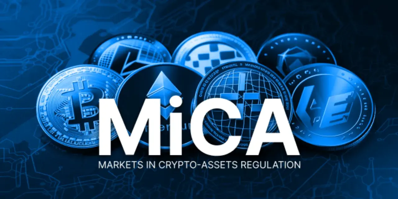 Monete di criptovalute come Bitcoin ed Ethereum circondano la scritta "MiCA", che sta per Markets in Crypto-Assets Regulation.