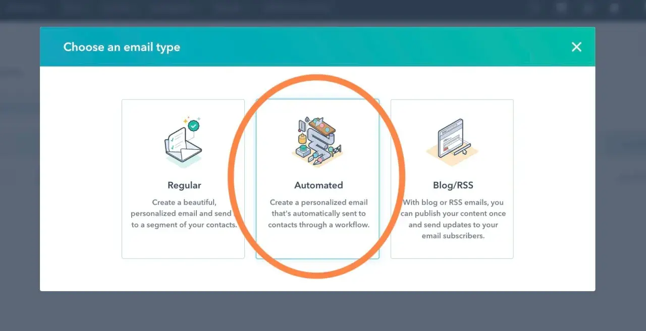 Scelta tipo email: "Automated" per un follow up email personalizzato inviato tramite workflow.