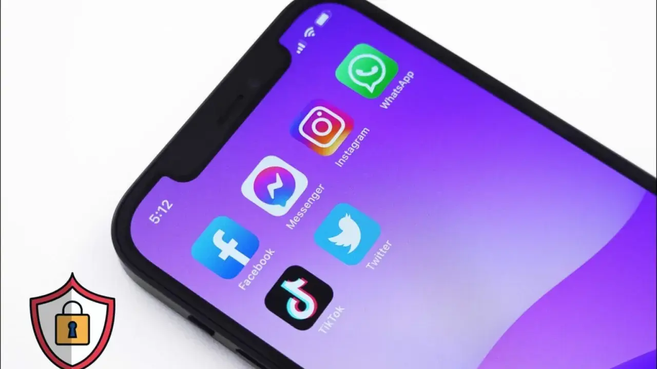 Schermo di uno smartphone con icone di app social. Un simbolo di scudo con lucchetto suggerisce preoccupazioni sulla privacy e il tracciamento cross-site.