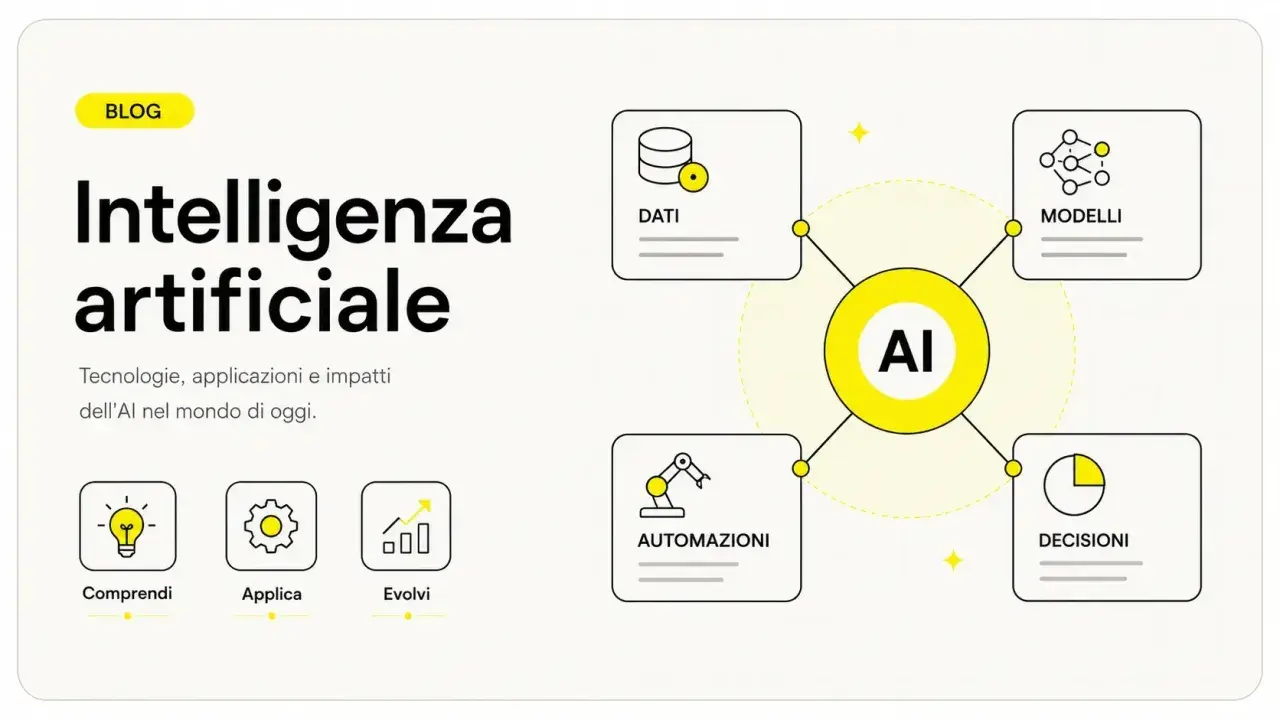 Il diagramma mostra i pilastri dell'intelligenza artificiale: dati, modelli, decisioni e automazioni, che guidano la comprensione, l'applicazione e l'evoluzione.