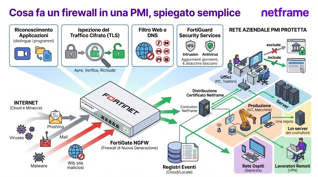 Un firewall protegge la rete aziendale da minacce come phishing e malware, analizzando il traffico e bloccando accessi non autorizzati.