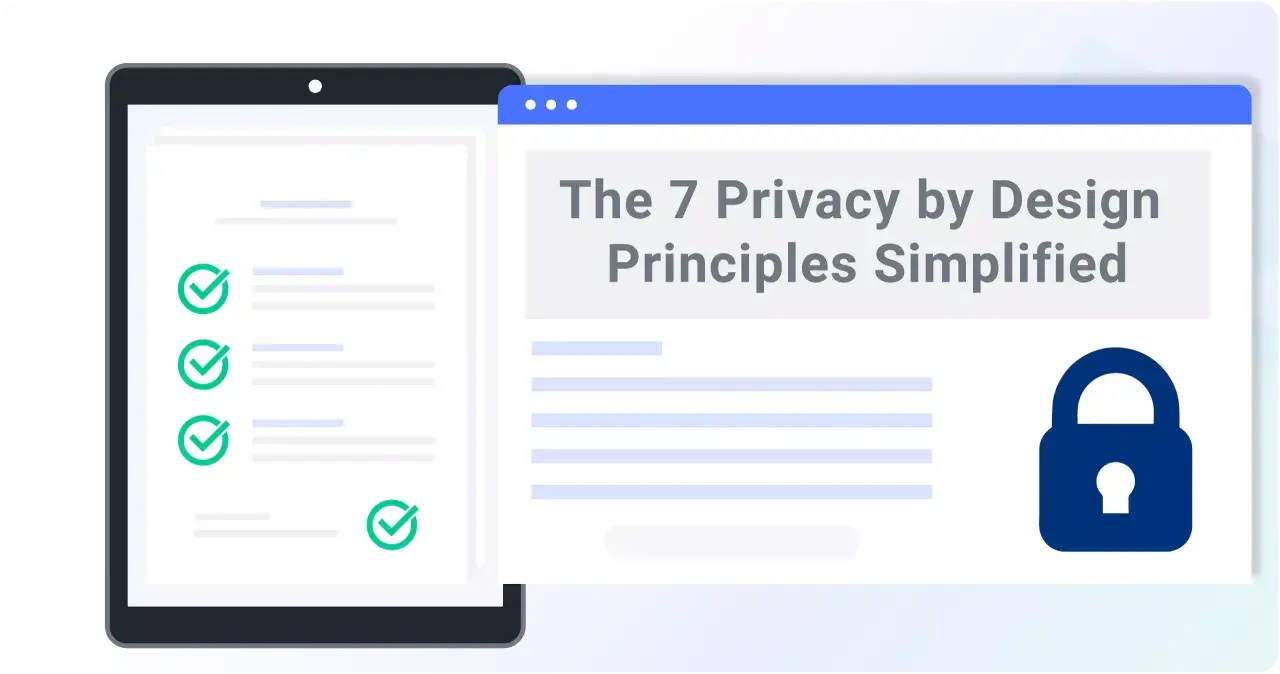 Schermata di un tablet con elenco spuntato e finestra web che illustra i principi di privacy by design, con un lucchetto.