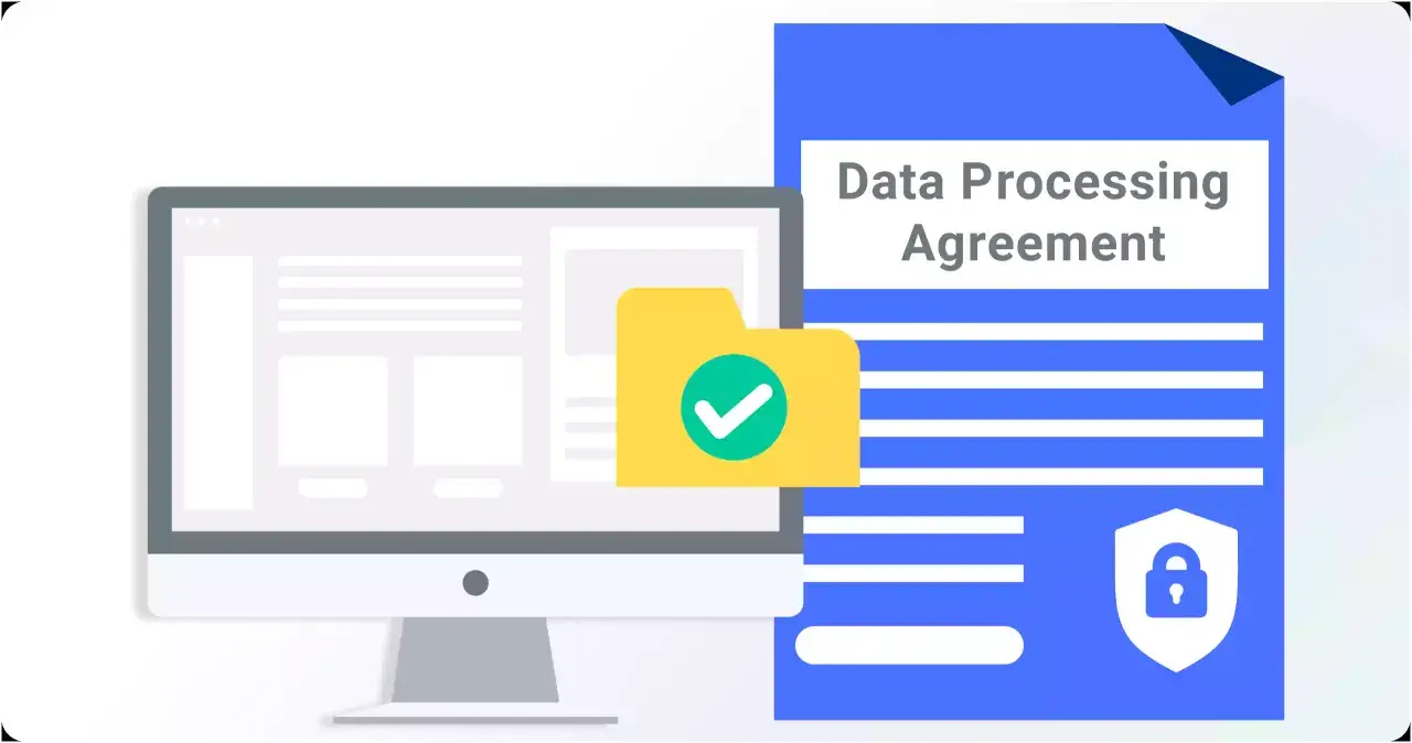Accordo di elaborazione dati (DPA): un computer mostra un'icona di cartella con segno di spunta, accanto a un documento con lucchetto.