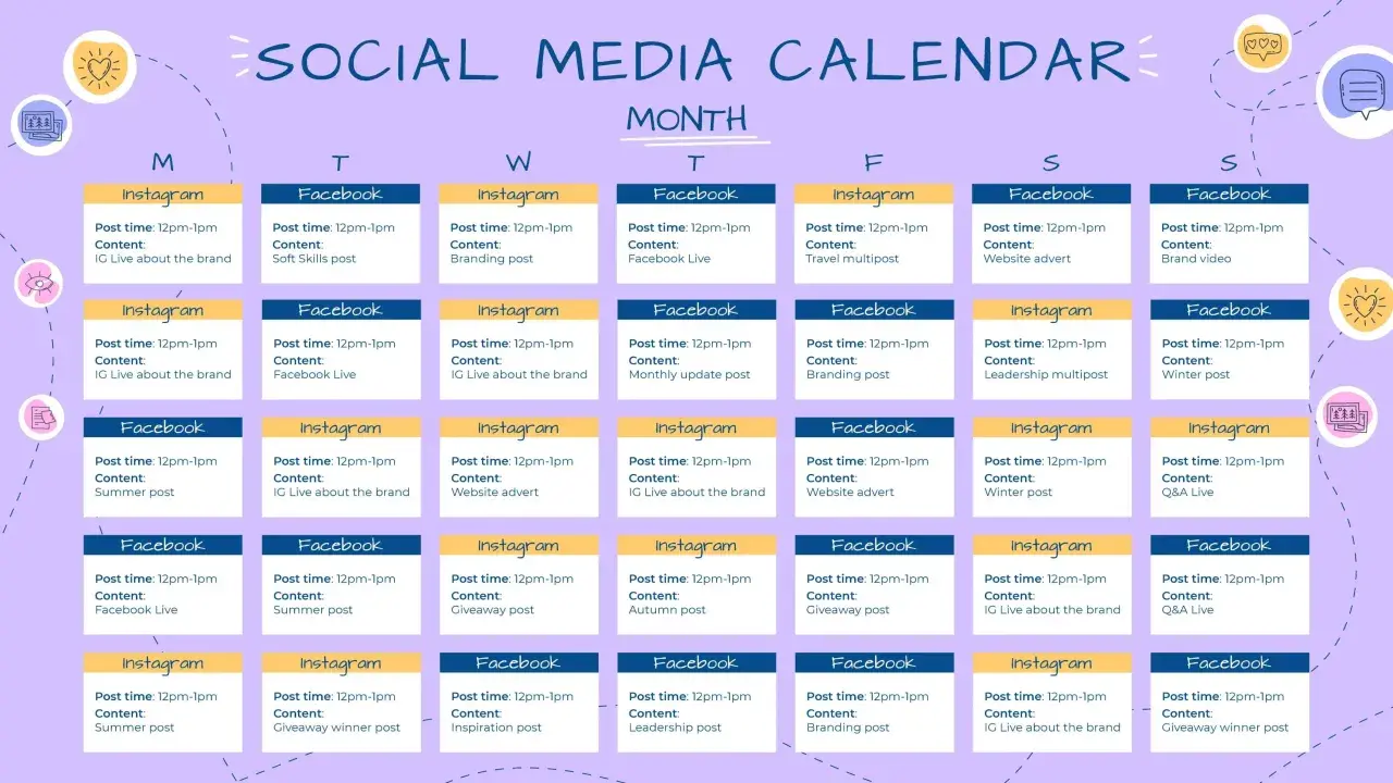 Calendario social con piano editoriale per ogni giorno e piattaforma (Facebook, Instagram).