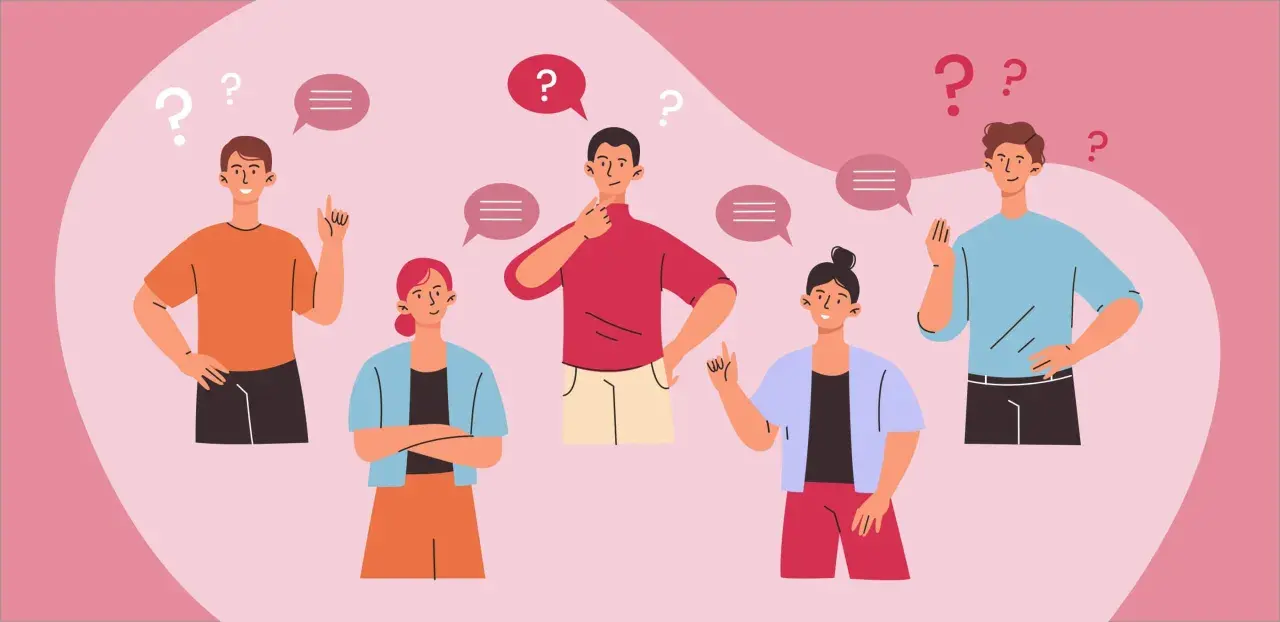 Persone pensierose con punti interrogativi e fumetti, un'illustrazione che evoca la ricerca di risposte e la **seo semantica**.