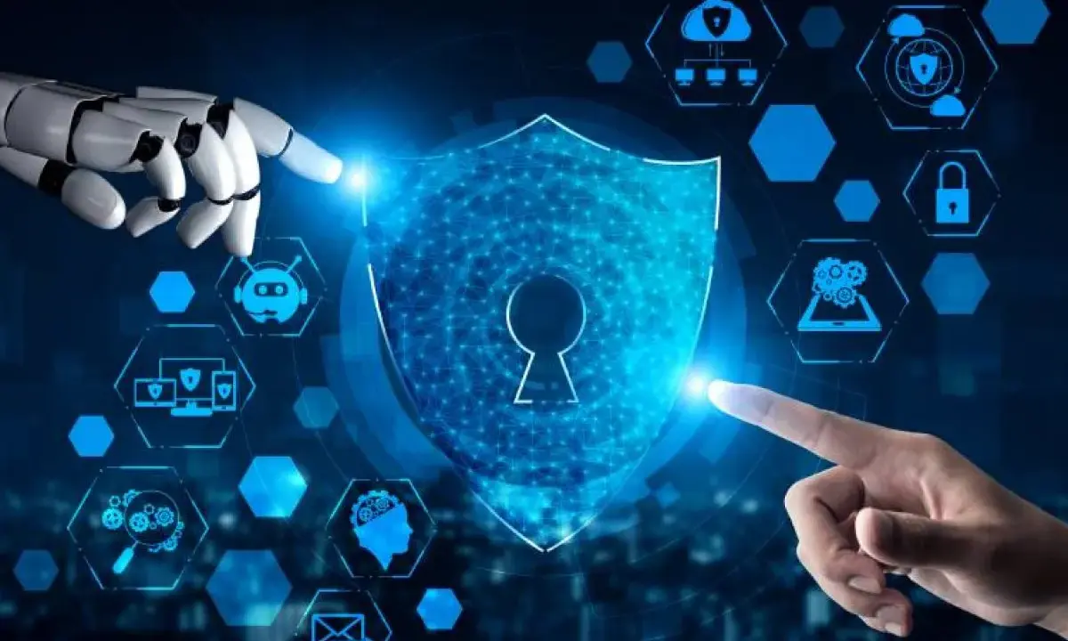 Mano robotica e umana interagiscono con uno scudo digitale, simbolo di privacy e sicurezza. Icone di rete e IA circondano il concetto.