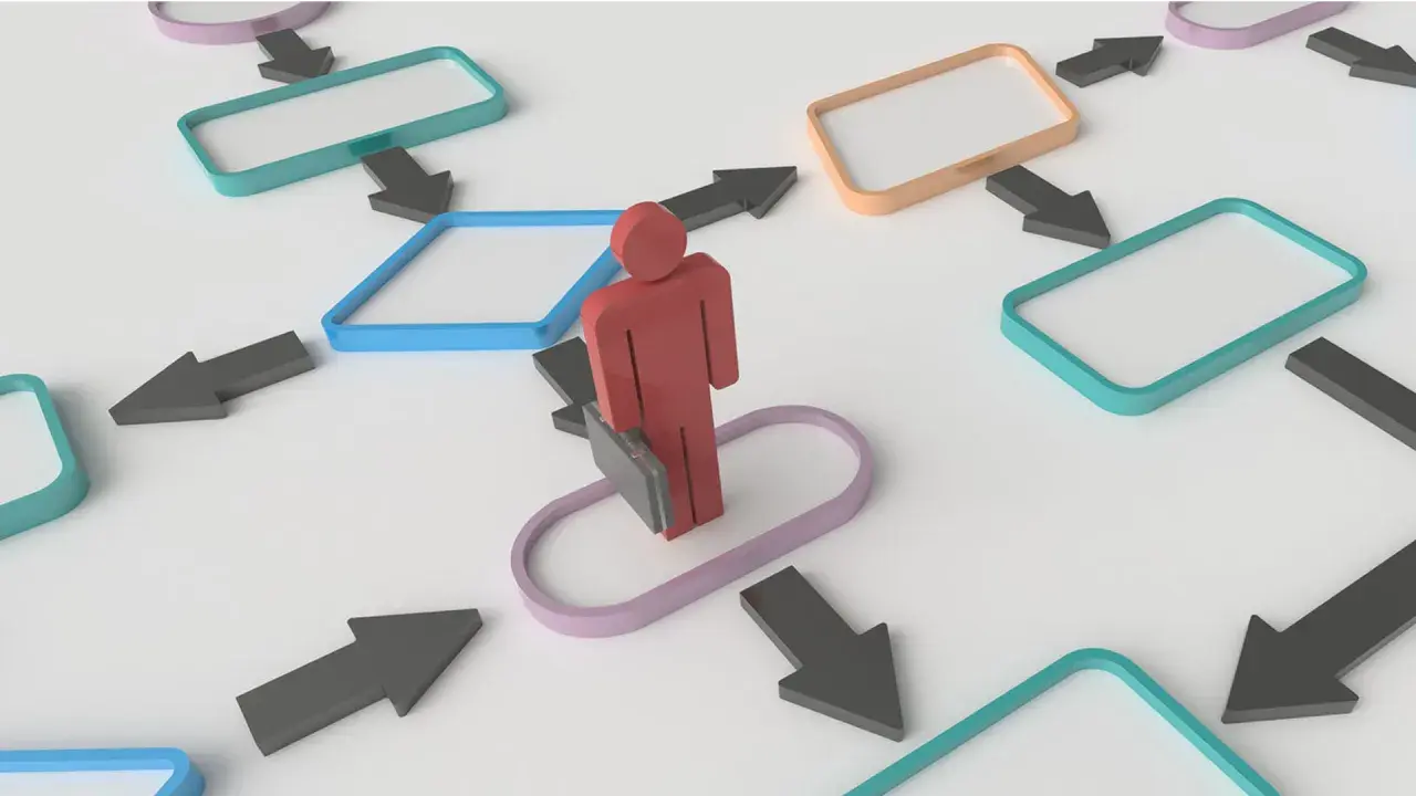 Schema di governance, risk and compliance con un omino rosso al centro, circondato da frecce e riquadri colorati che indicano flussi e processi.