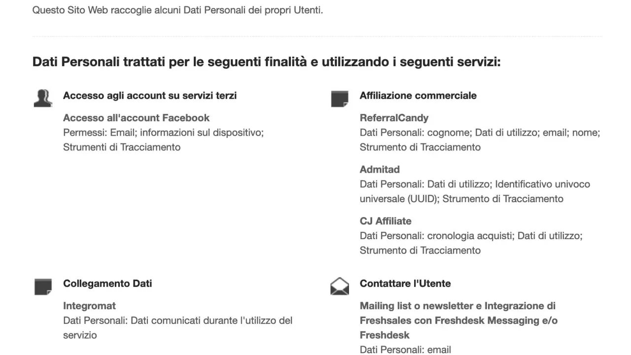 Informativa privacy: Dati personali trattati per accesso account terzi, affiliazione commerciale, collegamento dati e contatti utente.