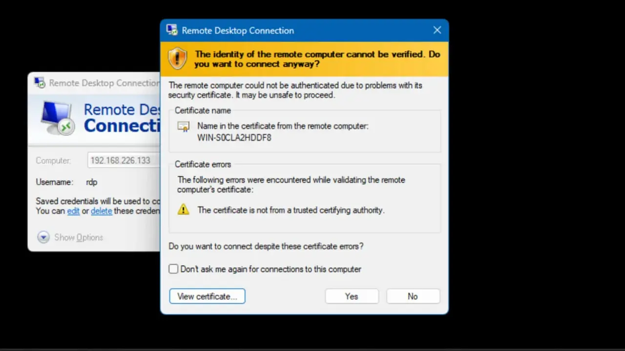 Finestra di dialogo "Connessione Desktop remoto" con avviso di certificato non attendibile per l'IP 192.168.226.133.