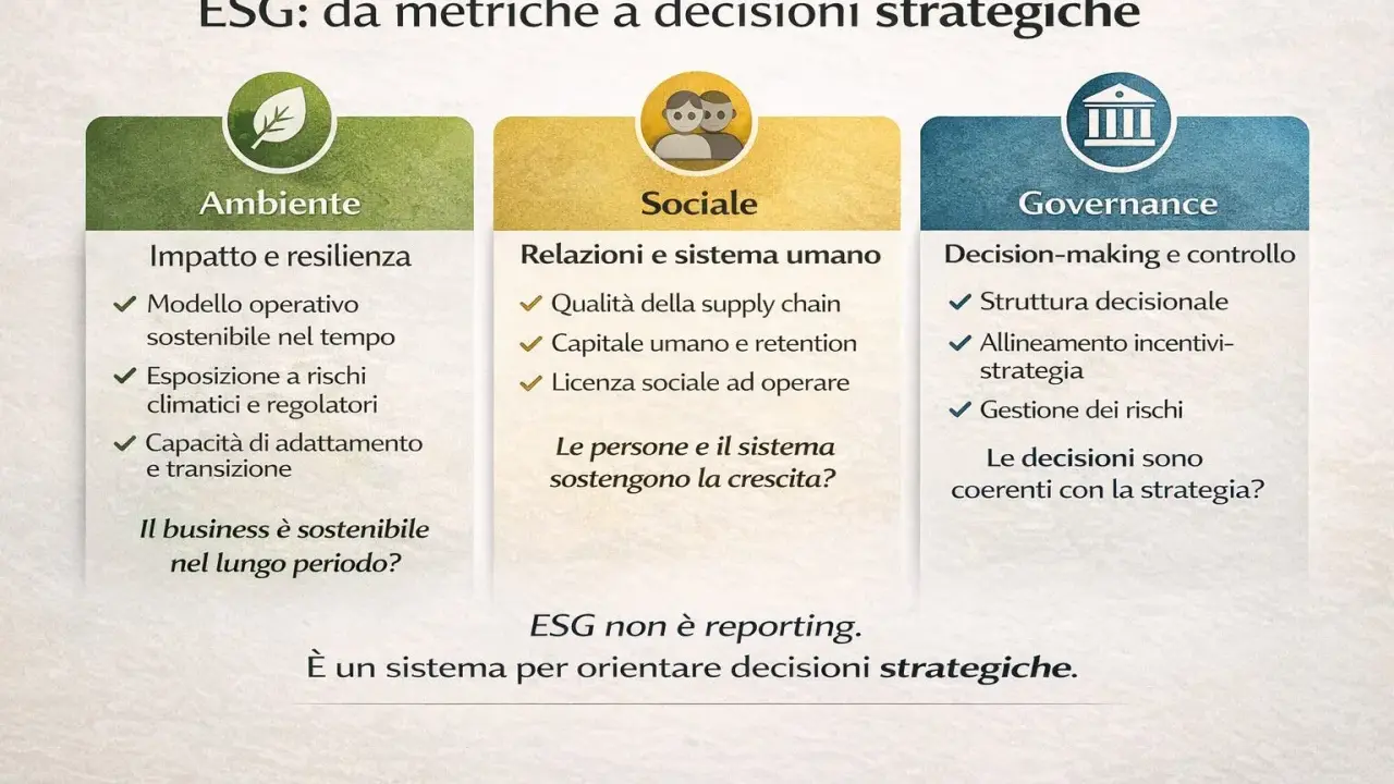 Schema ESG: Ambiente, Sociale, Governance. Un approccio per decisioni strategiche orientate alla sostenibilità e alla crescita a lungo termine.