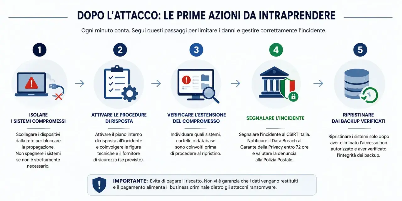 Ecco cosa succede ad un PC colpito da ransomware: isola i sistemi, attiva le procedure, verifica l'estensione, segnala l'incidente e ripristina dai backup.