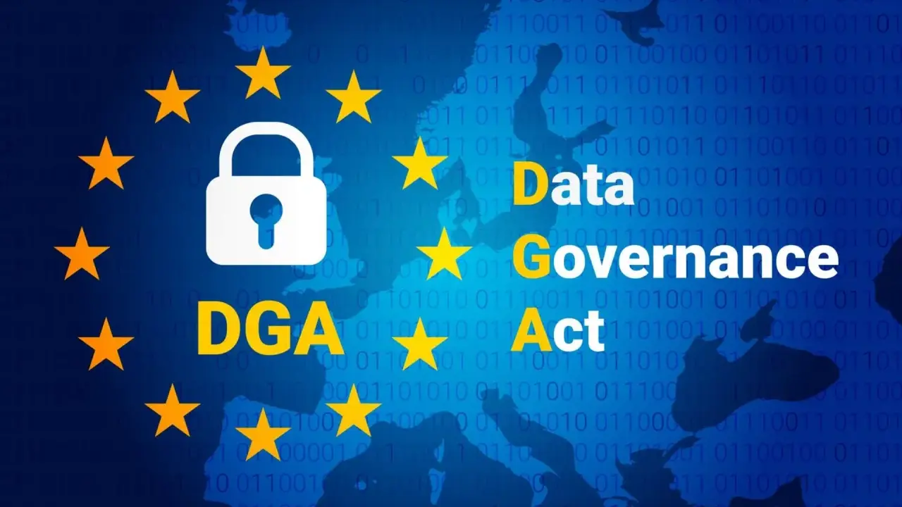 Simboli dell'UE e lucchetto su sfondo di codice binario. Testo: "Data Governance Act" (DGA).