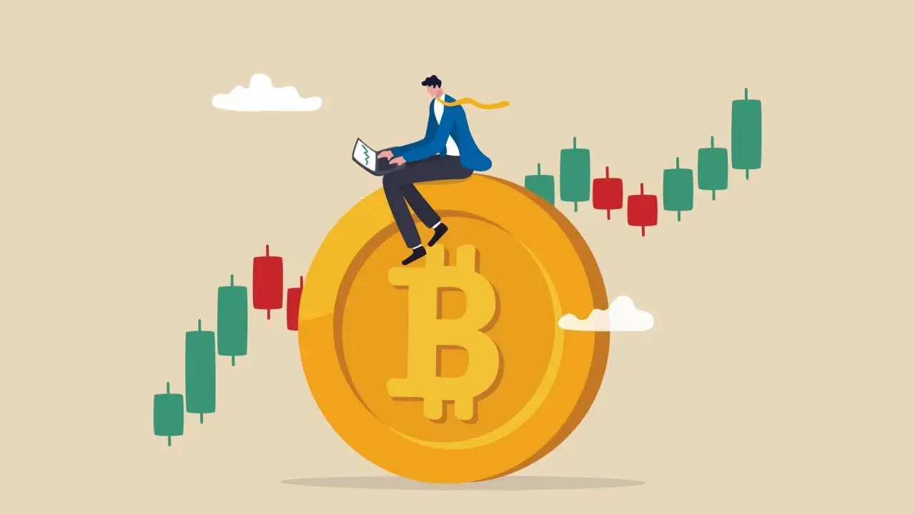 Uomo d'affari su una moneta Bitcoin, con grafici di criptovalute che indicano un valore di 5.000 euro.
