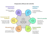 Schema che illustra cosa fa un senior controller: comunicazione, conoscenza del business, discussione report, interazione continua, ciclo di controllo e responsabilità.