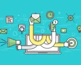 Mani che lavorano su un laptop, con icone di marketing, email, denaro e obiettivi. Strategie di successo per il b2b e b2c.