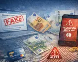 Laptop con "BONIFICO EFFETTUATO" e timbro "FAKE". Denaro, carta di credito e smartphone con "PAGAMENTO REVOCATO" indicano una truffa, un bonifico falso.